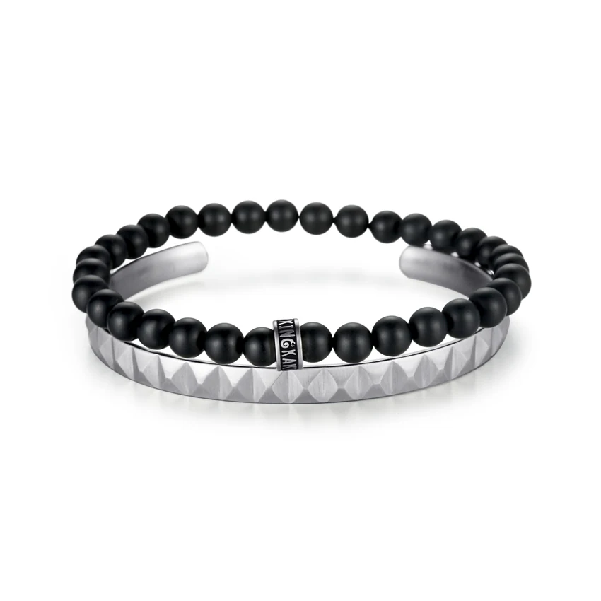 Matte Black Stainless Steel Bracelet Set with Sand Agate - Men's Mix & Match