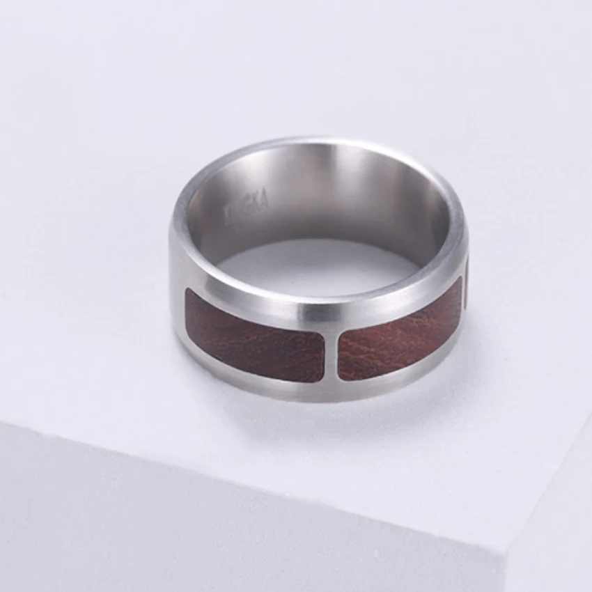 Wood and 316L Stainless Steel Ring - Steel Finish + Brown