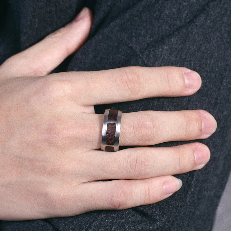 Wood and 316L Stainless Steel Ring - Steel Finish + Brown view 2