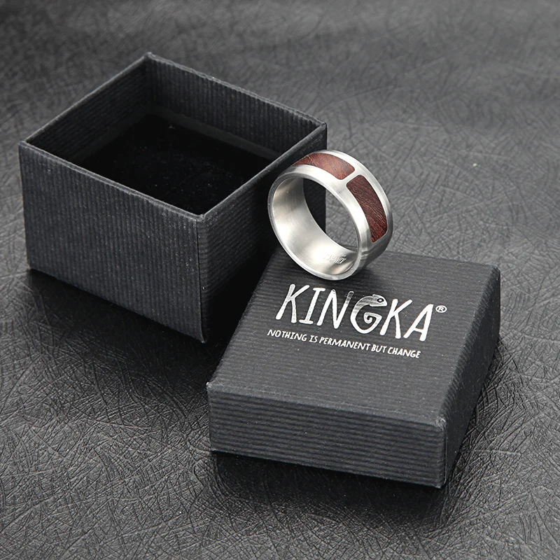 Wood and 316L Stainless Steel Ring - Steel Finish + Brown view 3