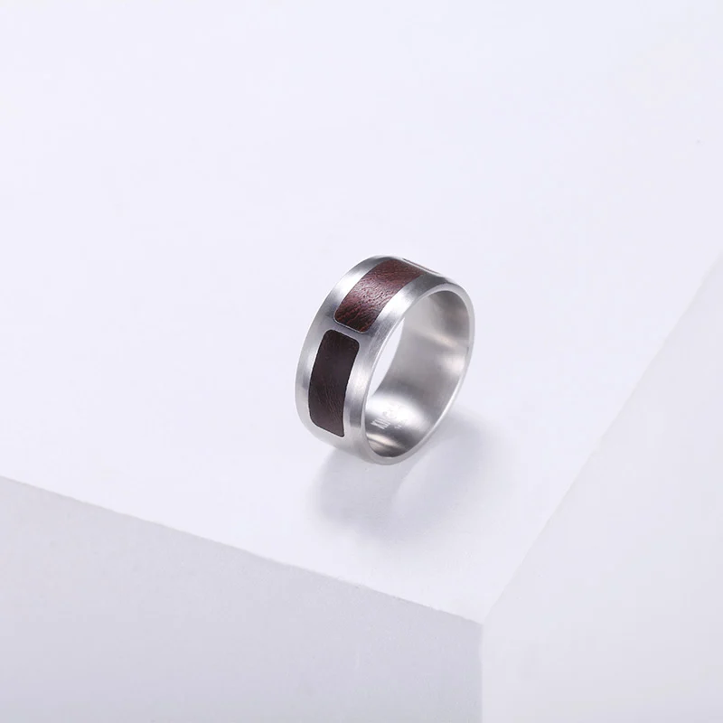 Wood and 316L Stainless Steel Ring - Steel Finish + Brown view 4