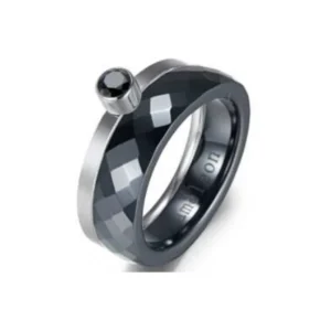 316l stainless steel rings wholesale set with black ceramic and CZ in polished steel finish