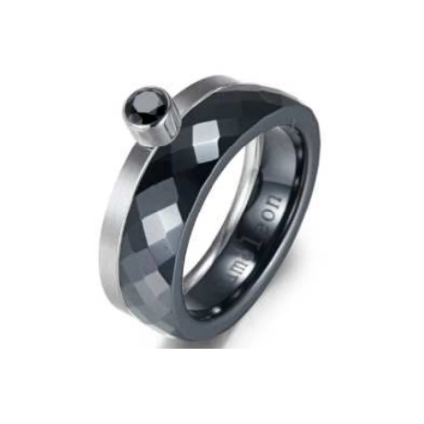 316L Stainless Steel Ring Set with Black Ceramic and CZ - Steel Finish + PVD Black